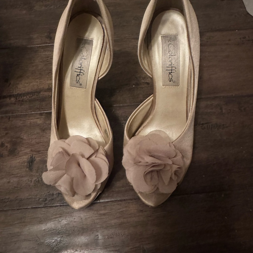 Tan Peep Toe Heels with Floral Accent